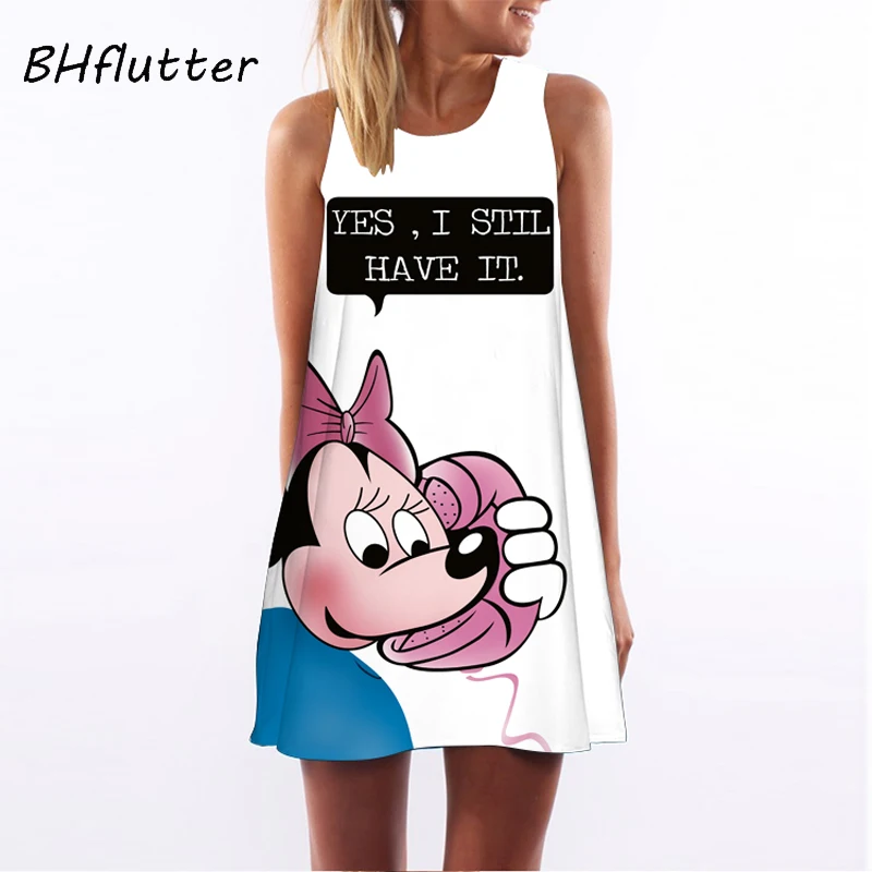 BHflutter فستان صيفي النساء جديد 2018 الأزياء أحمر شفاه طباعة لطيف حزب اللباس أكمام O الرقبة عارضة فساتين الشيفون Vestidos