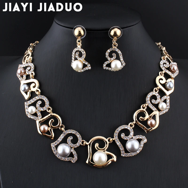 

jiayijiaduo African fashion wedding jewelry collection Gold-color imitation pearl necklace earrings beautiful women fashion gift