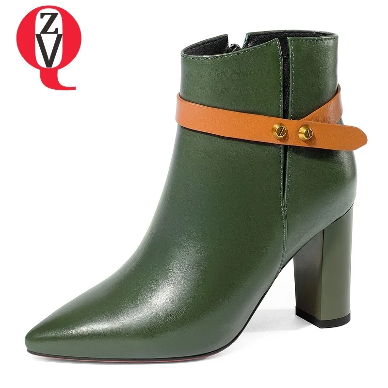 

ZVQ 2018 new women ankle boots mixed colors genuine leather pointed toe super high square heel zipper rivet big size lady shoes