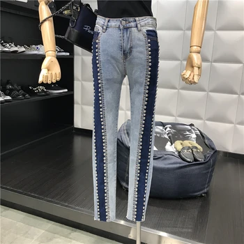 

Women Rivet Collated Jeans 2019 New High Waist Trim Casual Trousers Thin Denim Pants G442