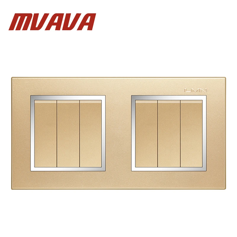 

MVAVA Free Shipping Dual 6 Gang Electrical Push Button Light Wall Switch Luxury Decorative Chromed Frame Champagne Gold PC Panel