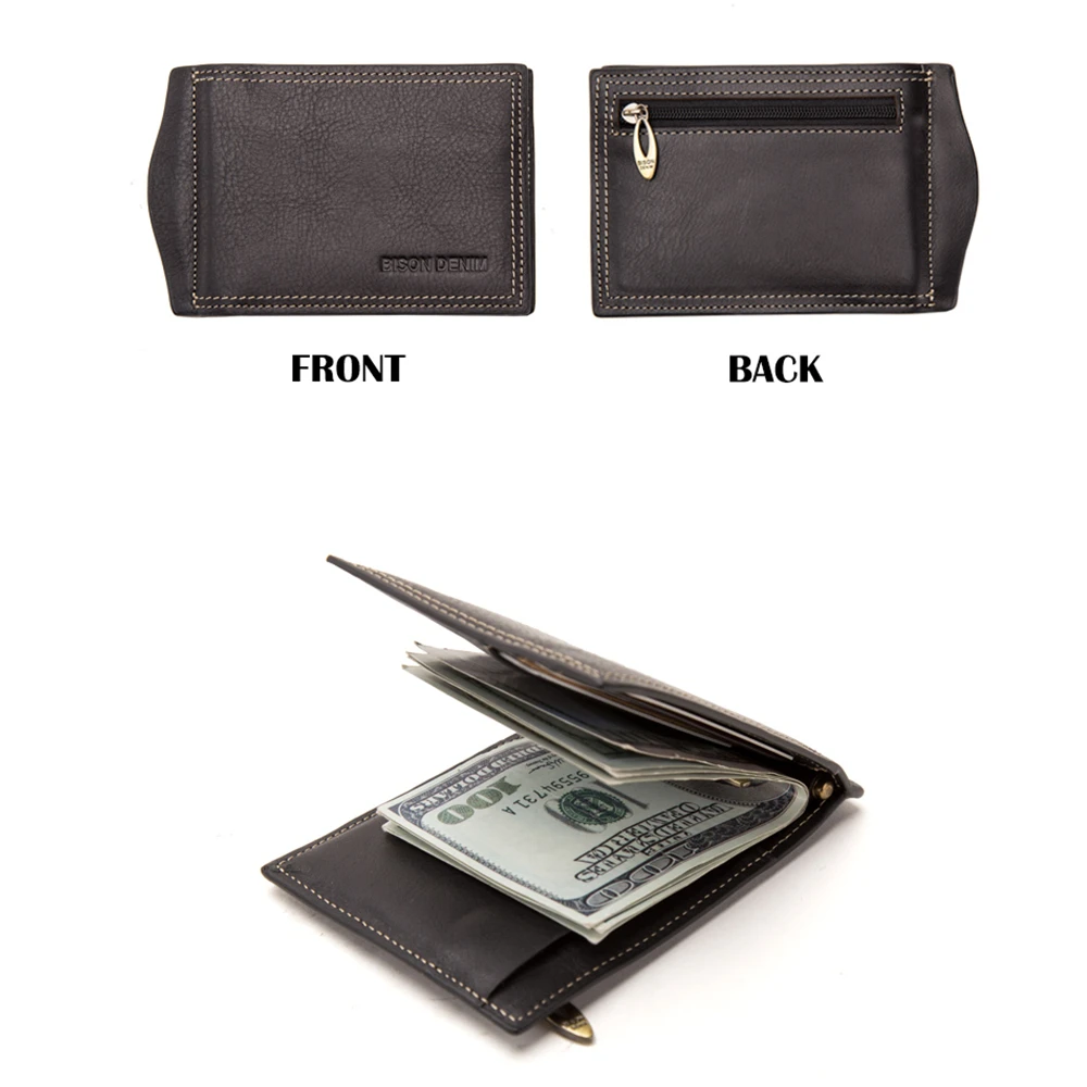 BISON DENIM Cow Leather Wallet Men Money Purse With Zipper Coin Pocket ID Card Genuine Leather Mini Purse For Men W9348 5