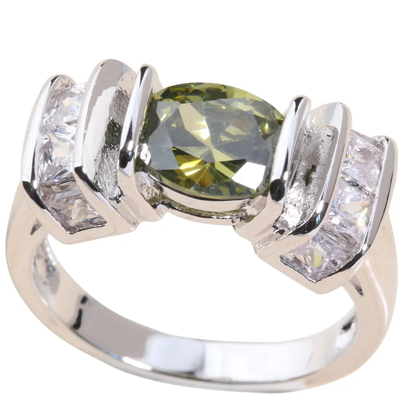 Овальный Зеленый Перидот белый 925 пробы серебро для Для женщин Jewelry Кольцо