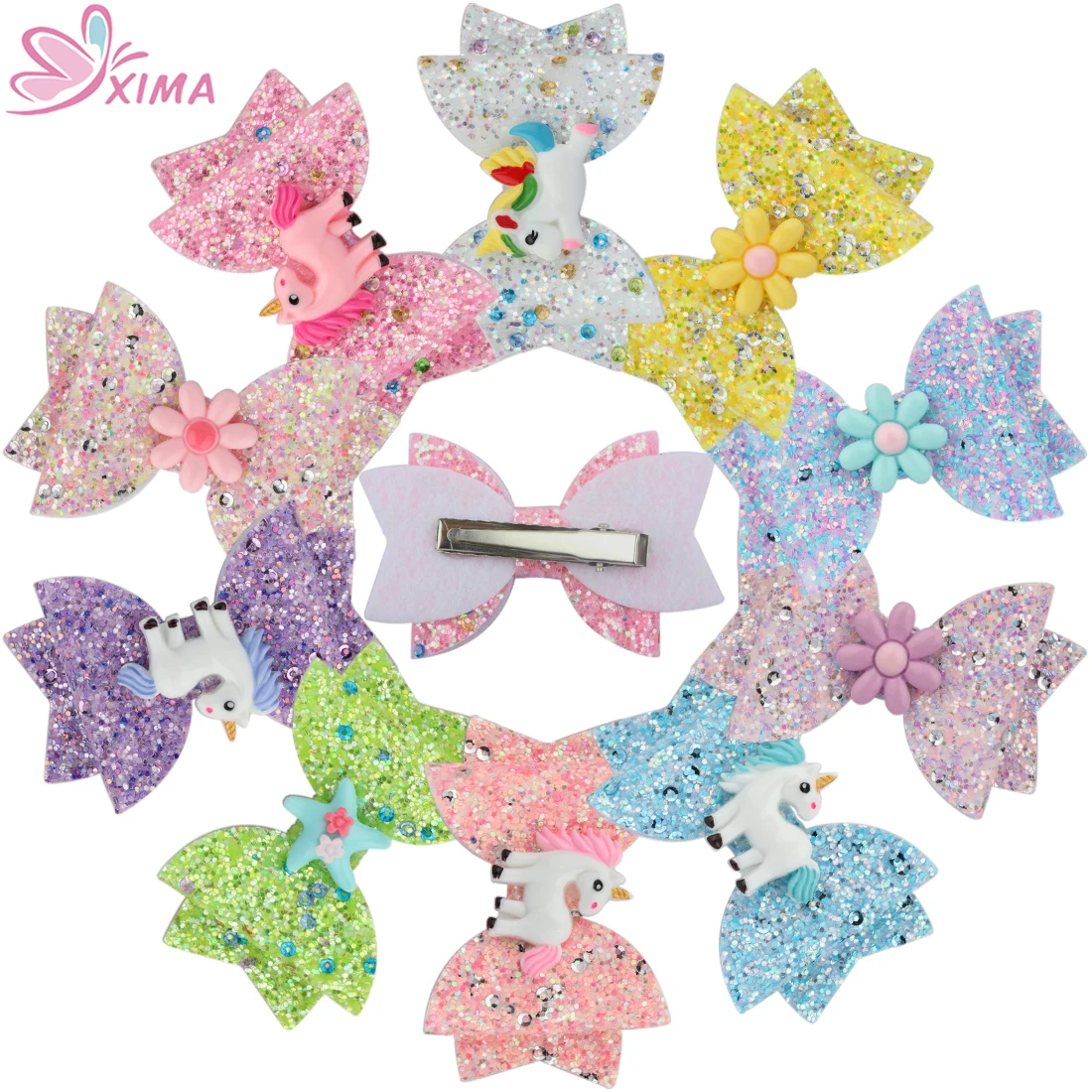 

XIMA 10pcs/lot 3inch Women Girl Glitter Flower Hair Bows Kids Unicorn Hairpins Hair Clip for Children Hair Accessories
