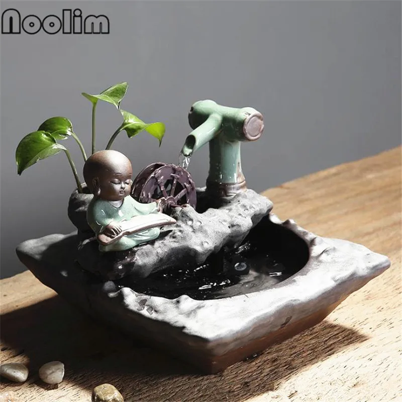 

Chinese Monk Home Office Desktop Ceramic Water Fountains Decoration Accessories Feng Shui Wheel Fountain Craft Ornaments