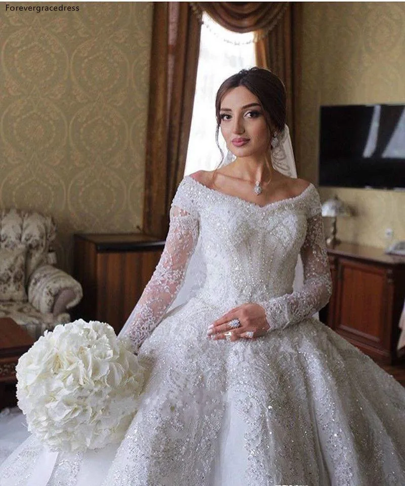 Custom Made Luxury Lace Ball Gown Wedding Dresses Saudi Arabia Off The Shoulder Long Sleeve Full Lace Appliqued Sequins Bridal Gowns  418 (6)