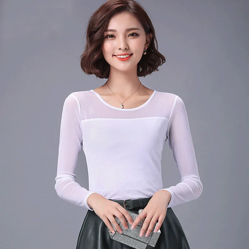 Sanishroly 2018 Summer Autumn Women Long Sleeve Blouses Thin Lace Blouse Ladies Solid Mesh Bottoming Shirt Tops Plus Size SE106 4