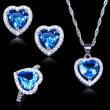 925 штамп серебристого цвета комплекты украшений для женщин сердце любовь голубой кристалл белые циркониевые кольца колье серьги кулон романтический