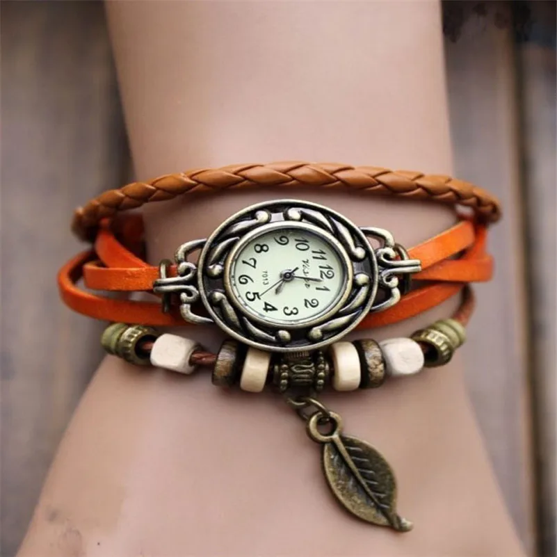 Women's watches brand luxury fashion ladies watch Weave Wrap leather band Leaf Beads Quartz Wrist Watches clock Bracelet M18#N (2)