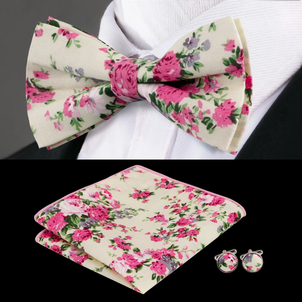 F 622 Hi Tie Pink Bow Tie Set Fashion Cotton Floral Design Bowtie