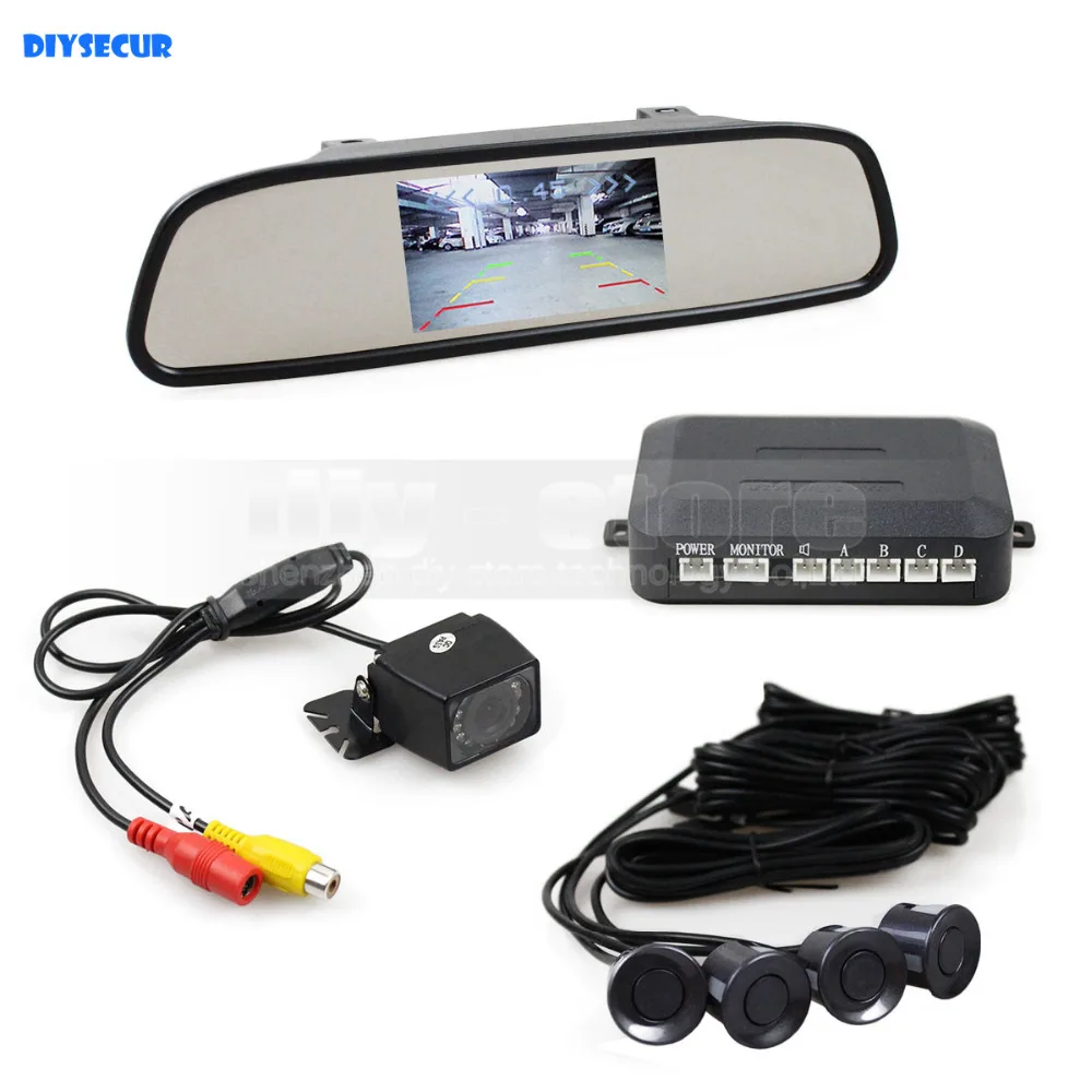

DIYSECUR 3 in 1 Video Parking Radar 4 Sensors 4.3 Inch Car Mirror Monitor + HD IR Night Vision Rear View Car Camera