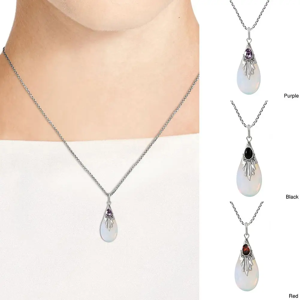 

Women Water Drop Teardrop Pendant Necklace Faux Moonstone Chain Party Jewelry