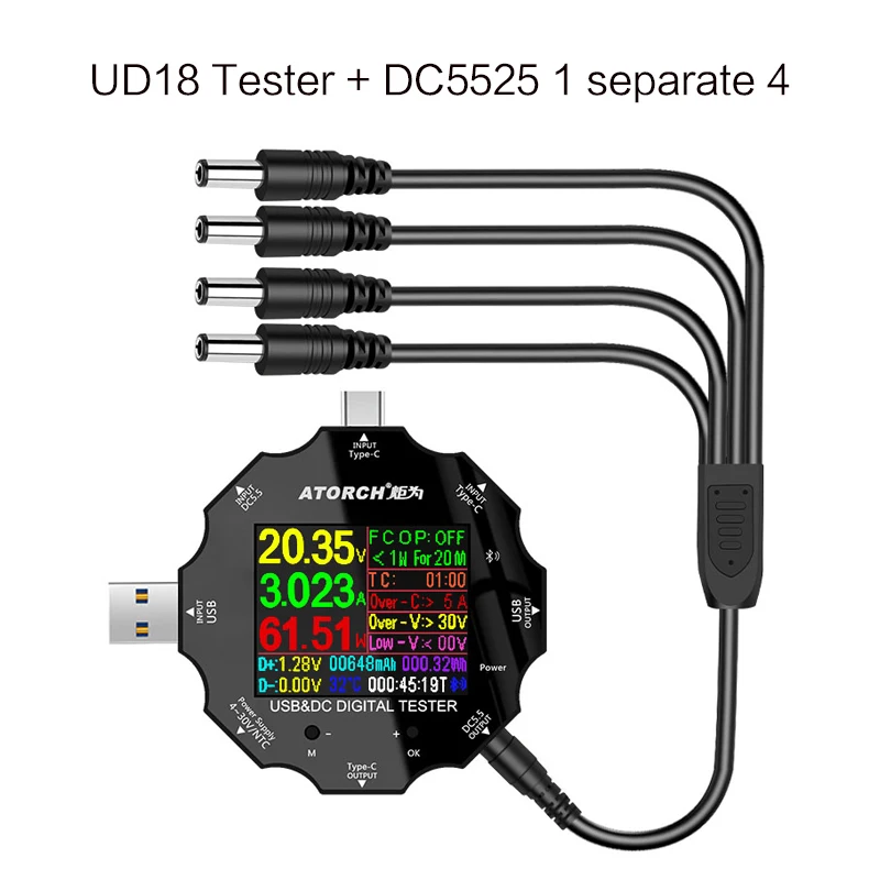 UD18 USB 3.0 18in1 USB tester APP dc digital voltmeter ammeter voltimetro power bank voltage detector volt meter electric doctor - Цвет: Add DC5525 1T4