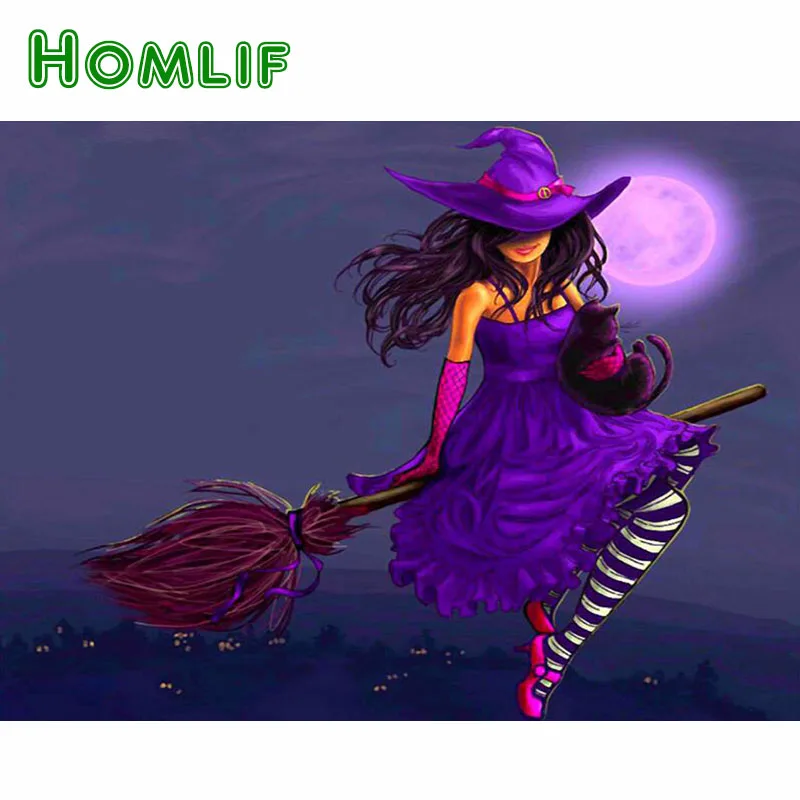 

HOMLIF New Full DIY 5D Diamond Painting Magic Witch Cross with Cat Stitch Diamond Embroidery Rhinestones Home Decor Diamond Art