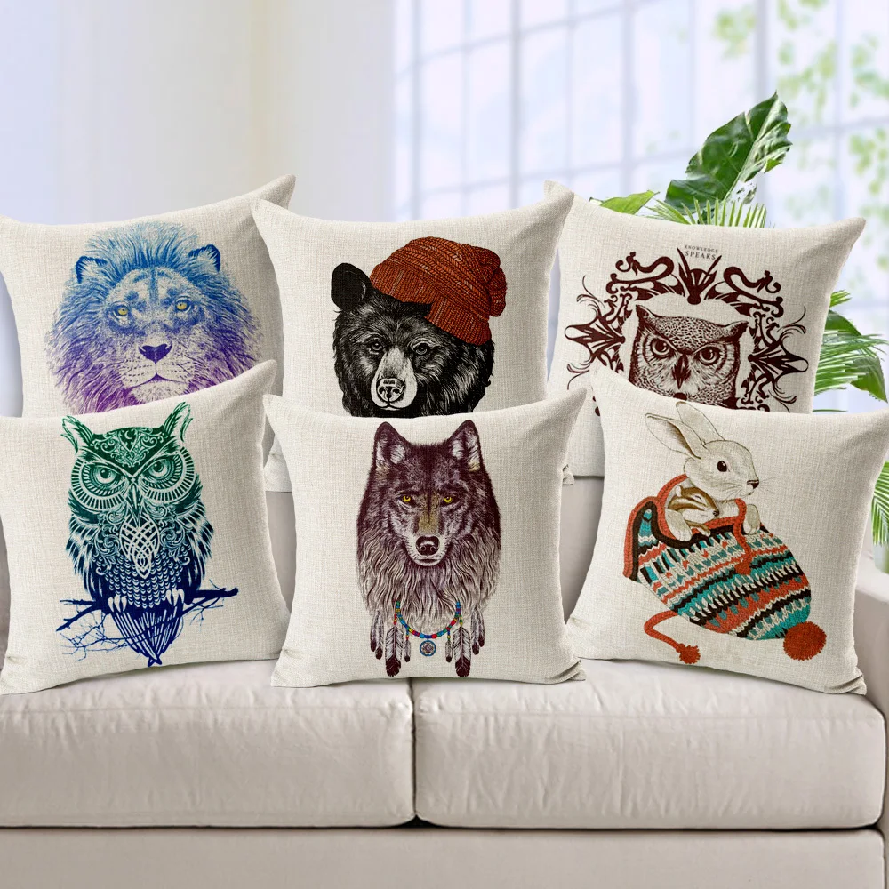 Owl pillow cover, cartoon hand-painted animal lion wolf Rabbit owl bear throw pillow cushion cover pillowcase wholesale Owl pillow cover, cartoon hand-painted animal lion wolf Rabbit owl bear throw pillow cushion cover pillowcase wholesale