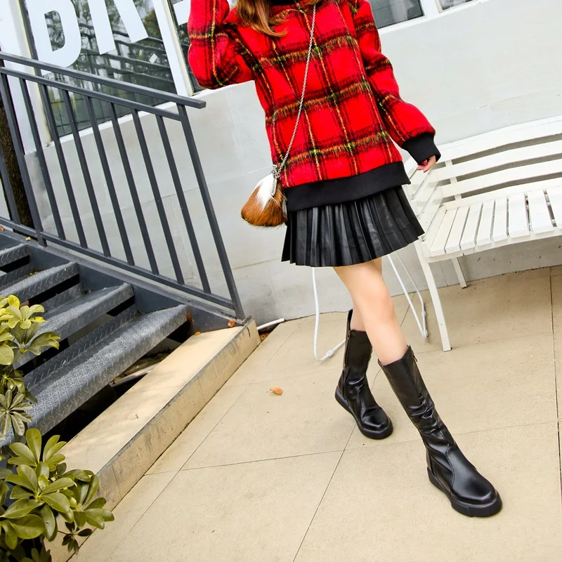 Tanie EGONERY pluszowa zimowa wiosna średnio wysokie buty z cholewami kobieta okrągły nosek europejski zamek czarne białe buty markowe dla przyszłych kobiet śnieg buty