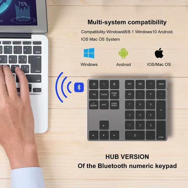 AVATTO Aluminum Alloy Bluetooth Wireless Numeric Keypad with USB HUB Digital Input Function for Windows Mac