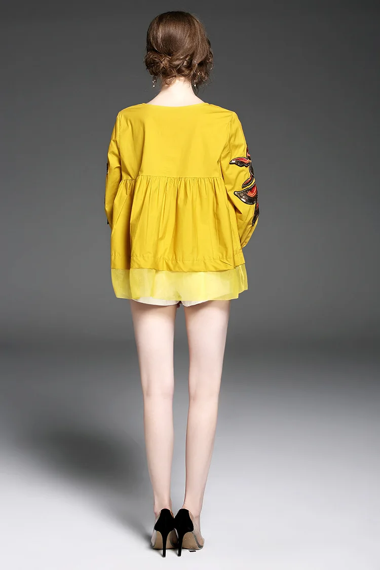 Fashion Goldfish Animal Embroidery Beading Decoration O-Neck Loose Style Cute Blouse Shirt Women (10)
