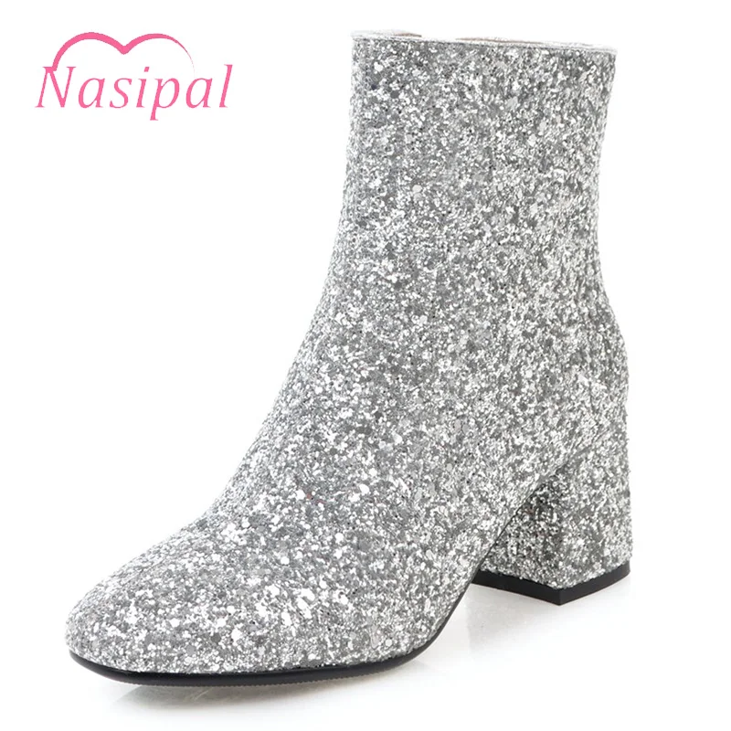 Nasipal Brand Glitter Ankle Boots For Women Fashion Square Toe Autumn