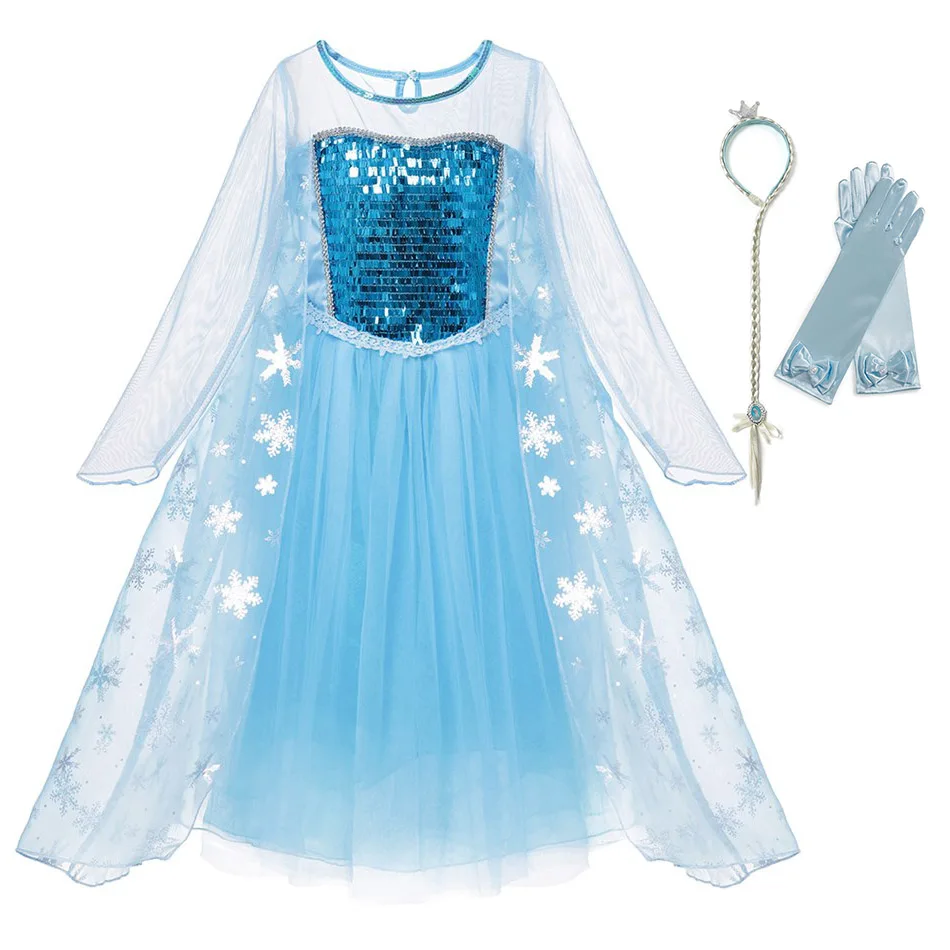 YOFEEL Girls Elsa Dress Kids Long Sleeve Sequins Snow Queen Elza Cosplay Princess Costume Children Party Gown Frocks for 2-10T | Детская
