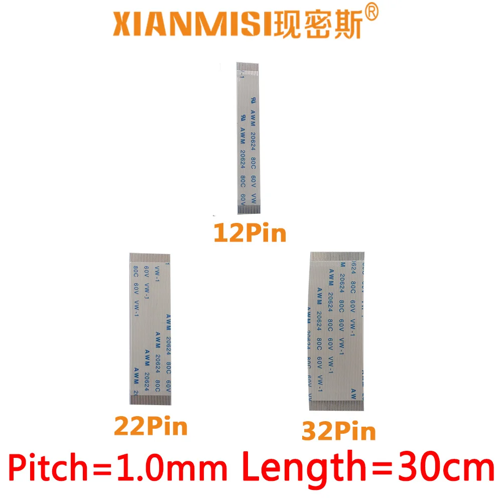 

FFC/FPC Flat Flex Extension Cable 12Pin 22Pin 32Pin Same Side 1.0mm Pitch AWM VW-1 20624 20798 80C 60V Length 30cm 5PCS