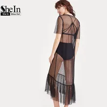 SheIn Summer Beach Dress Women Black Ruffle Hem Sheer Dotted Mesh Dress Ladies Short Sleeve High Low Sexy Midi Dress