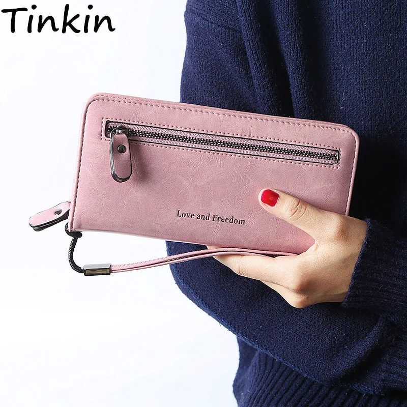 Tinkin Vintage PU leather women wallet printing letter women Purse Long wallet