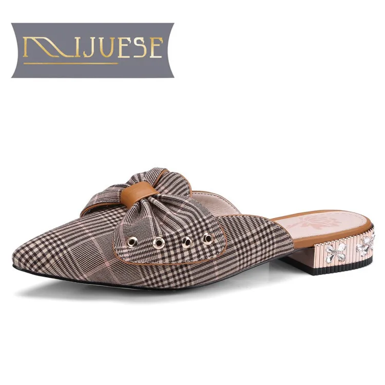 

MLJUESE 2018 women slippers summer MaryJanes slip on pointed toe diamond heel Brown color slides sandals women size 34-39