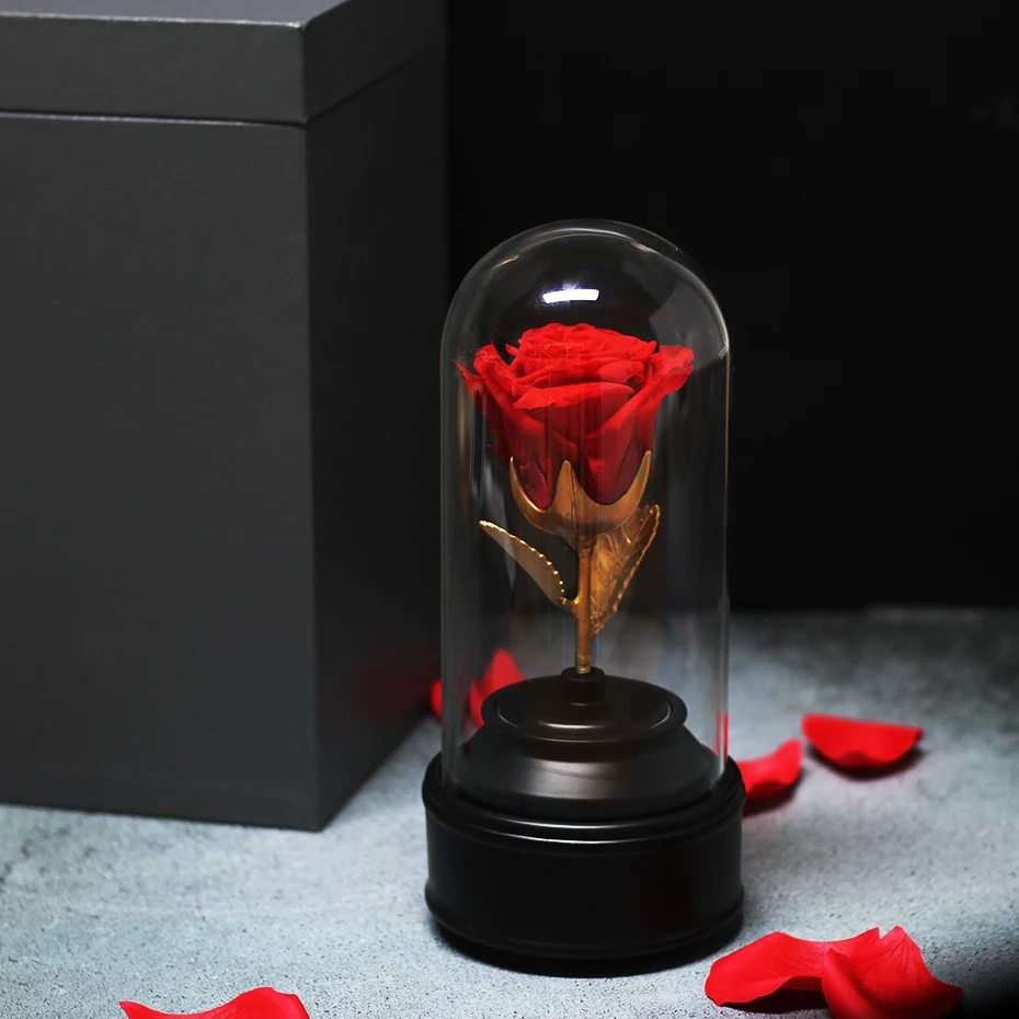 Красавица и Чудовище вечная роза в стекле с вращающейся музыкальной шкатулкой Бесконтактный Цветок День Святого Валентина подарок на день рождения для подруги