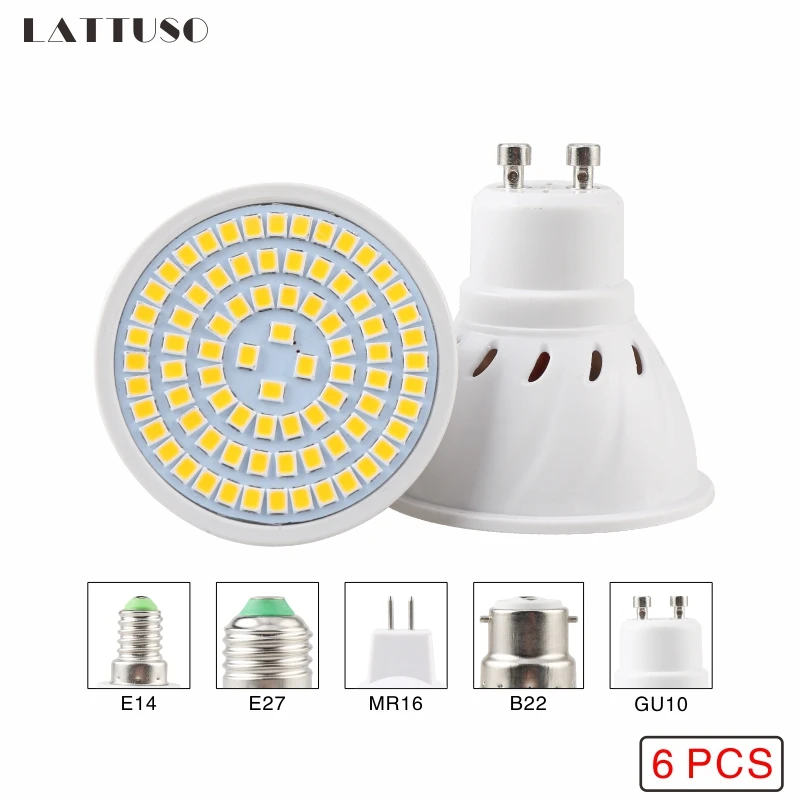 LATTUSO 6 unids/lote Lampada LED Bombilla E27 E14 GU10 B22 MR16 110 V 220 V Bombillas LED lámpara proyector 48 60 80 LED Lampara luz del punto