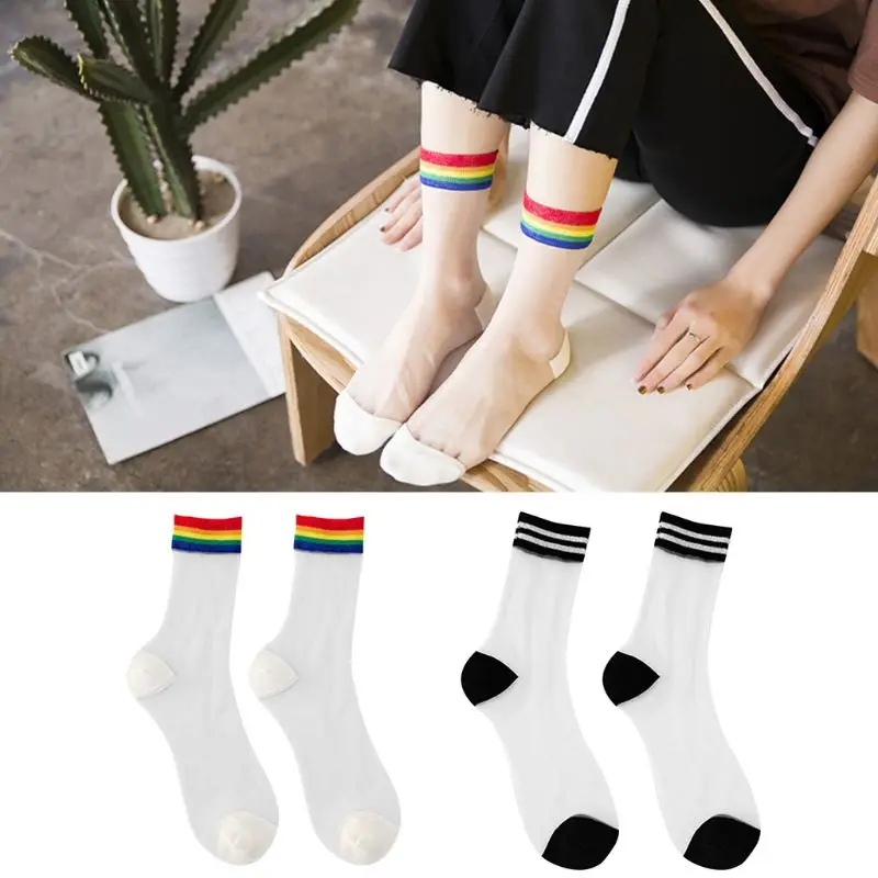

Japanese Harajuku Women Girls Ankle Socks Hipster Summer Thin Sheer Glass Fiber Splicing Rainbow Striped Top Short Tube Hosiery