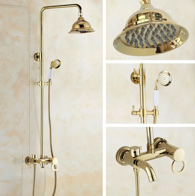

Luxury Polished Gold Color Brass Single Circle Handle Bathroom Round Rainfall Shower Faucet Set Bath Tub Mixer Tap mgf416