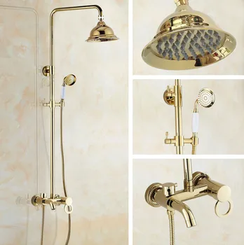 

Luxury Polished Gold Color Brass Single Circle Handle Bathroom Round Rainfall Shower Faucet Set Bath Tub Mixer Tap mgf416