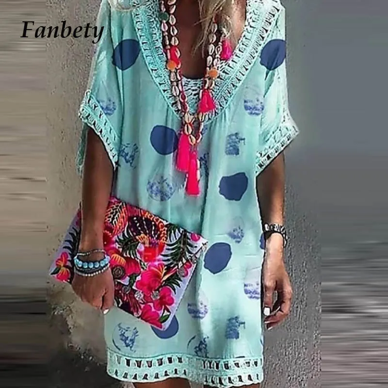 

Fanbety Women Sexy Lace Hollow Out patchwrok Dress Summer Casual Short Sleeve Polk dot print Loose Dress Ladies Mini Dresses 5XL