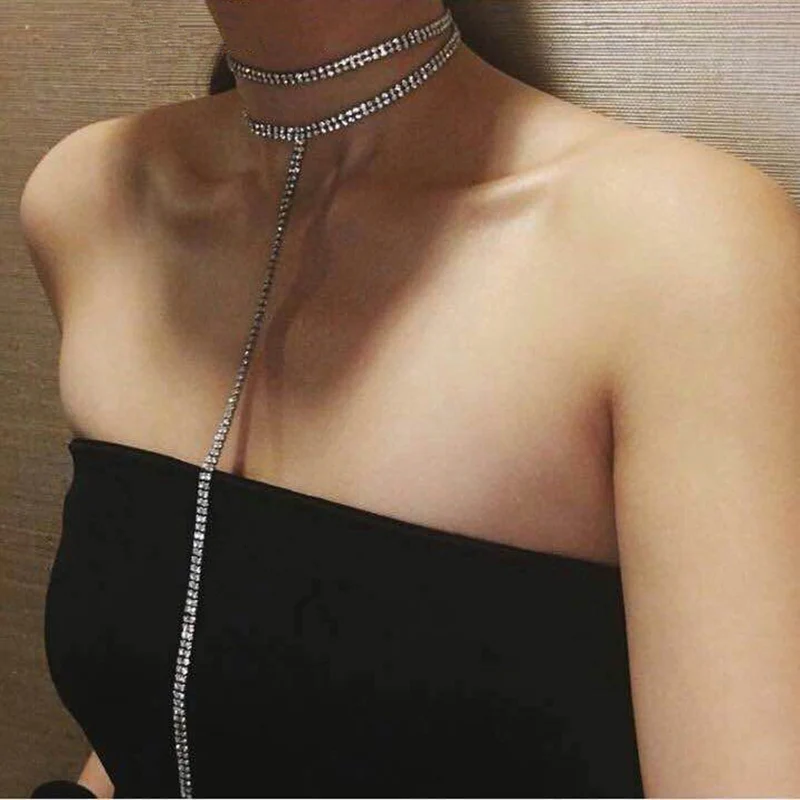 

UKEN Double Layer Rhinestones Chokers Necklaces For Women Fashion Jewelry Long Tassel Collar Maxi Necklace Statement Chocker