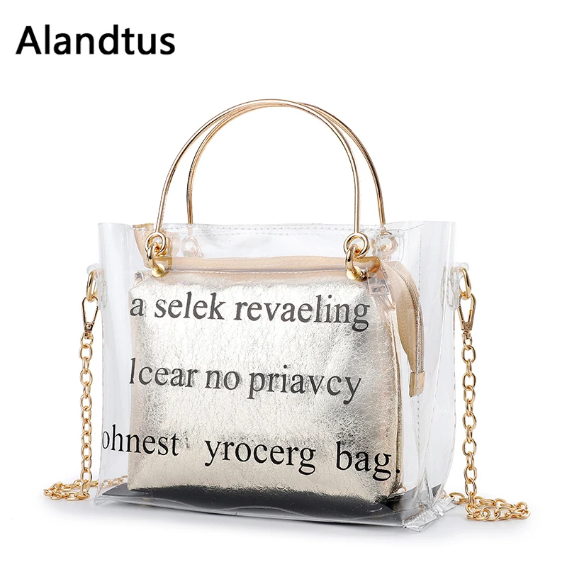 

Alandtus Transparent Crossbody Bags For Women Jelly Candy Messenger Bags Chain Female Shoulder Bag Letter Small Square Bag