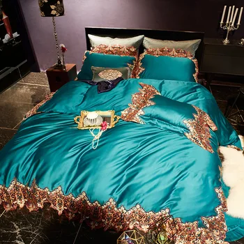 

Noble blue green80S Tencel Embroidered Bedding sets Queen King Luxury Lace Edge Duvet cover Royal Bed sheet set 4/6pcs