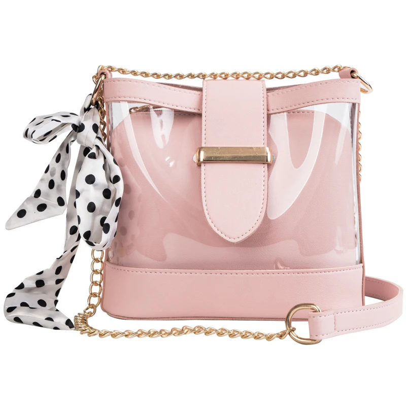 

Transparent jelly bucket bag 2019 summer new high quality PVC Women's Designer Handbag Bow ribbon Chain shoulder messenger bag