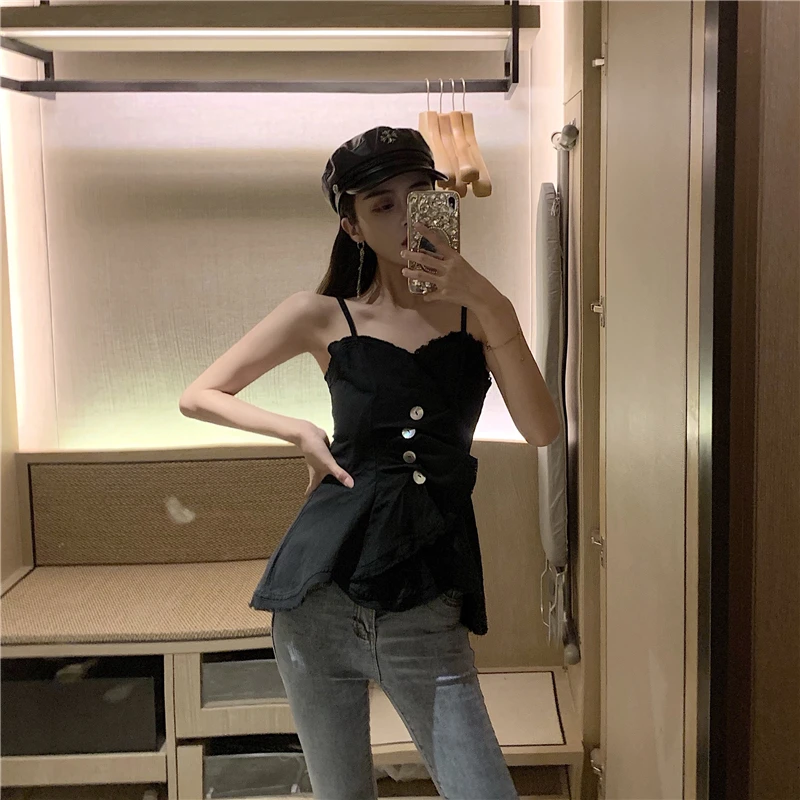 Blusas feminina, весенне-летний Стиль, корейские женские Необычные складки на пуговицах, с тонкими лямками, черный, белый, жилет, топ, женский, K0024