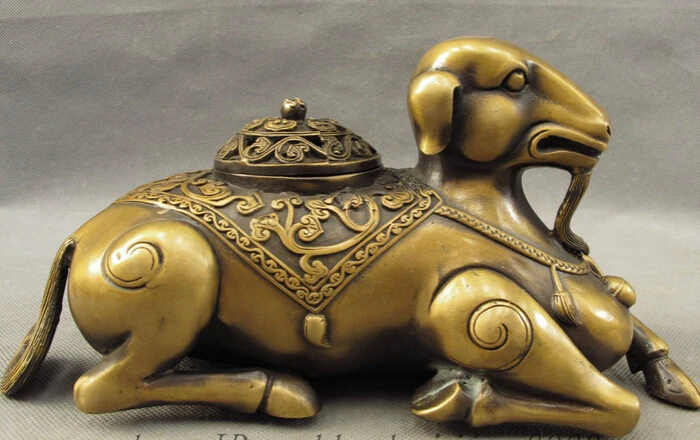 

JP S0608 11" Chinese Bronze Year Zodiac Lying Sheep Goat Statue Incense Burner Censer