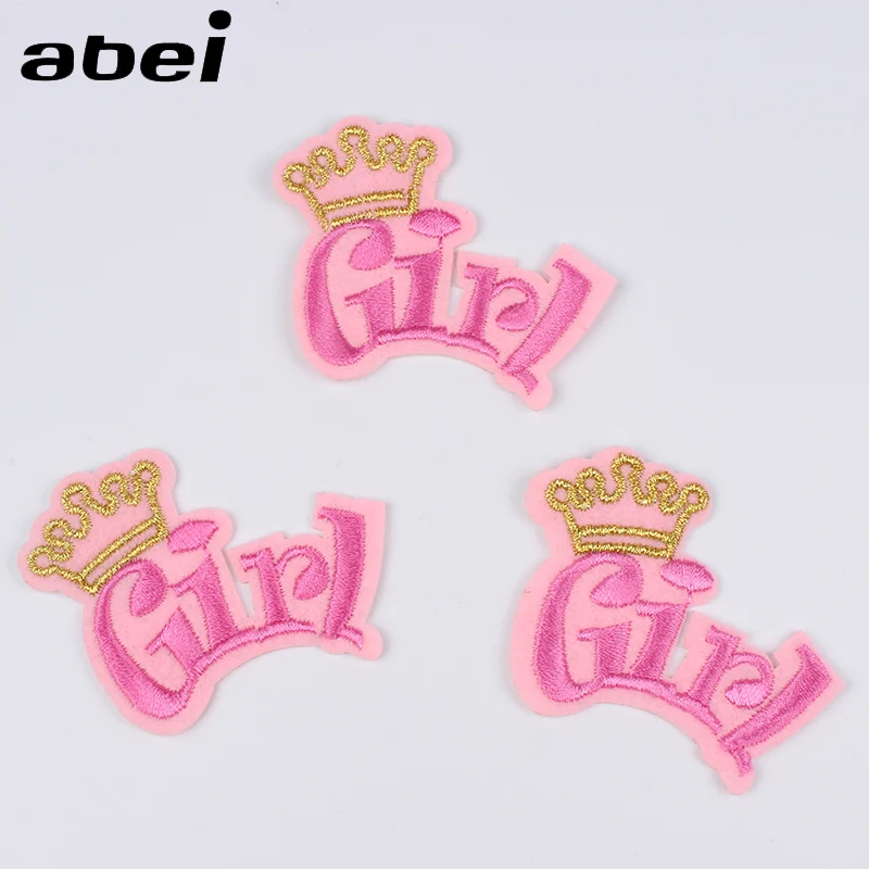 

10pcs/lot Pink Crown Girl Patch Embroidery Iron On Dress Stickers Sew On Fabric Appliques DIY Garments Accessories Coats Badge