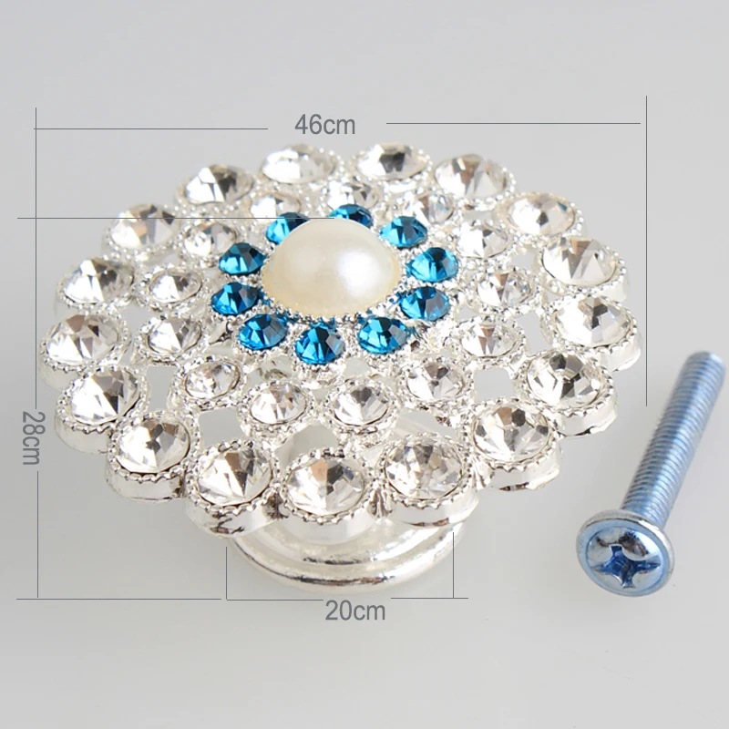 Modern fashion luxury silver crystal furniture handle white peal blue clear rhinestone drawer shoe cabinet TV cabinet knob pull