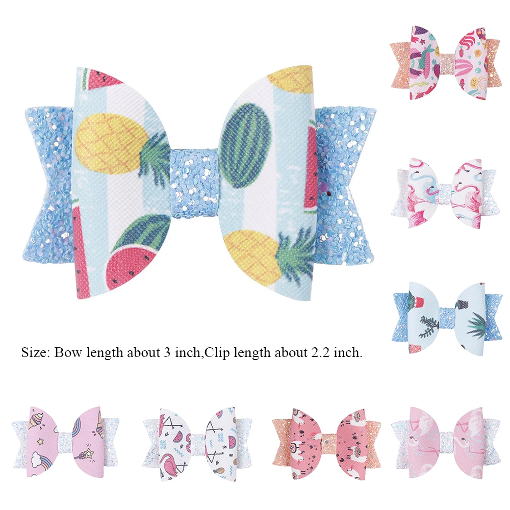 

2019 Newest 1PC Girls Cute 3 inch Glitter Bow Hair Clips Bird Fruit Printed Glitter Hairpins baby girl hair clips