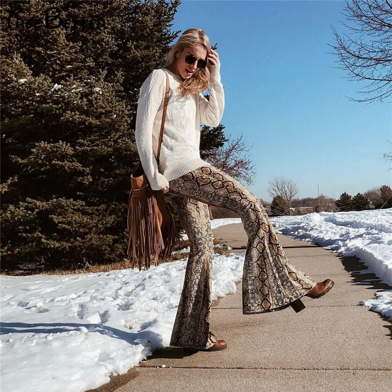 

Snakeskin Autumn Winter Women Sexy Bottom Snake Skin Print Flare High Waist Long Pants Trousers