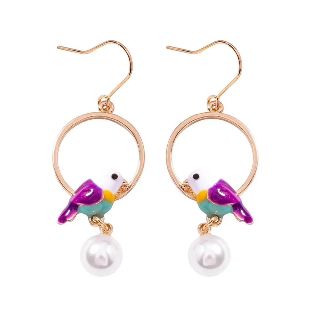 

Cute Bird Enamel Hollow Circle Pendant Faux Pearl Women Dangle Hook Earrings Drop shipping wholesale 2019NEW