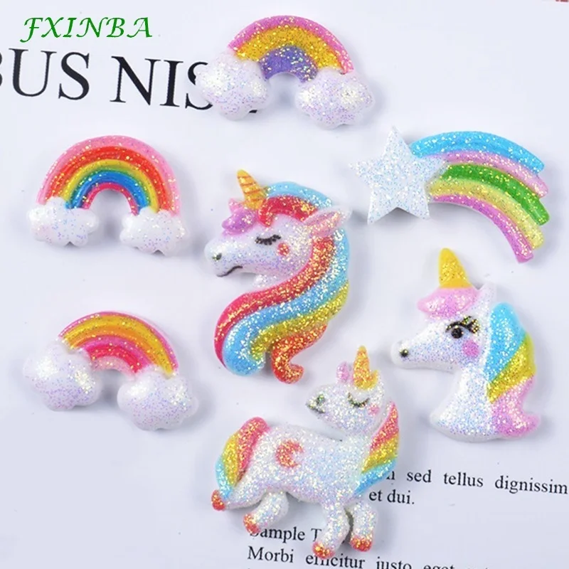 

FXINBA 10Pcs/Lot Resin Glitter Rainbow Unicorn Charms For Slime Clay DIY Flatback Charms Cake Phone Decor Slime Supplies Kit Toy