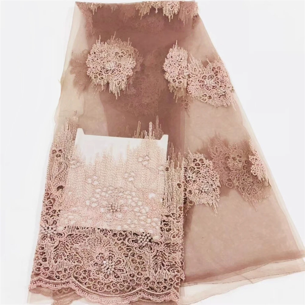 

African Embroidered Lace Fabric French Lace Fabrics Net Lace With Beads For Dress Nigerian Beaded Lace Fabric W02