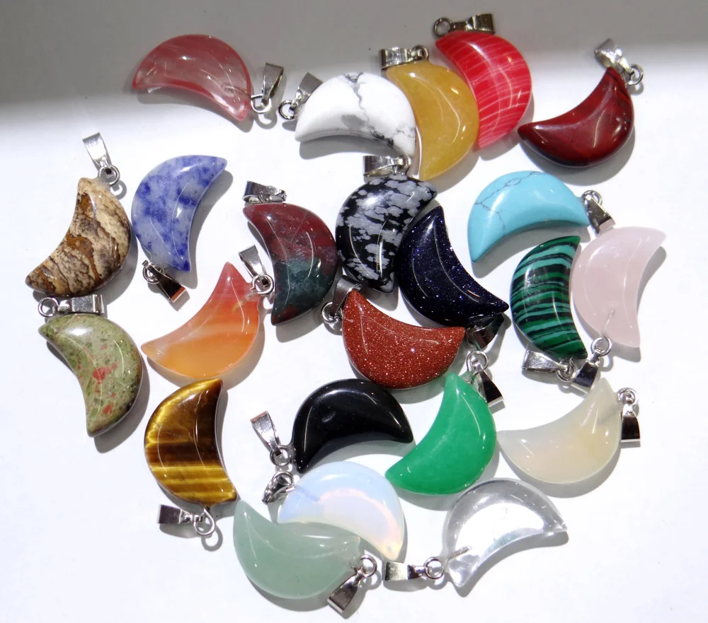 

Wholesale Fashion Natural Stone Quartz Crystal tiger eye Opalite Mix Onyx Charms Moon Pendants For Jewelry Making necklace 12PC