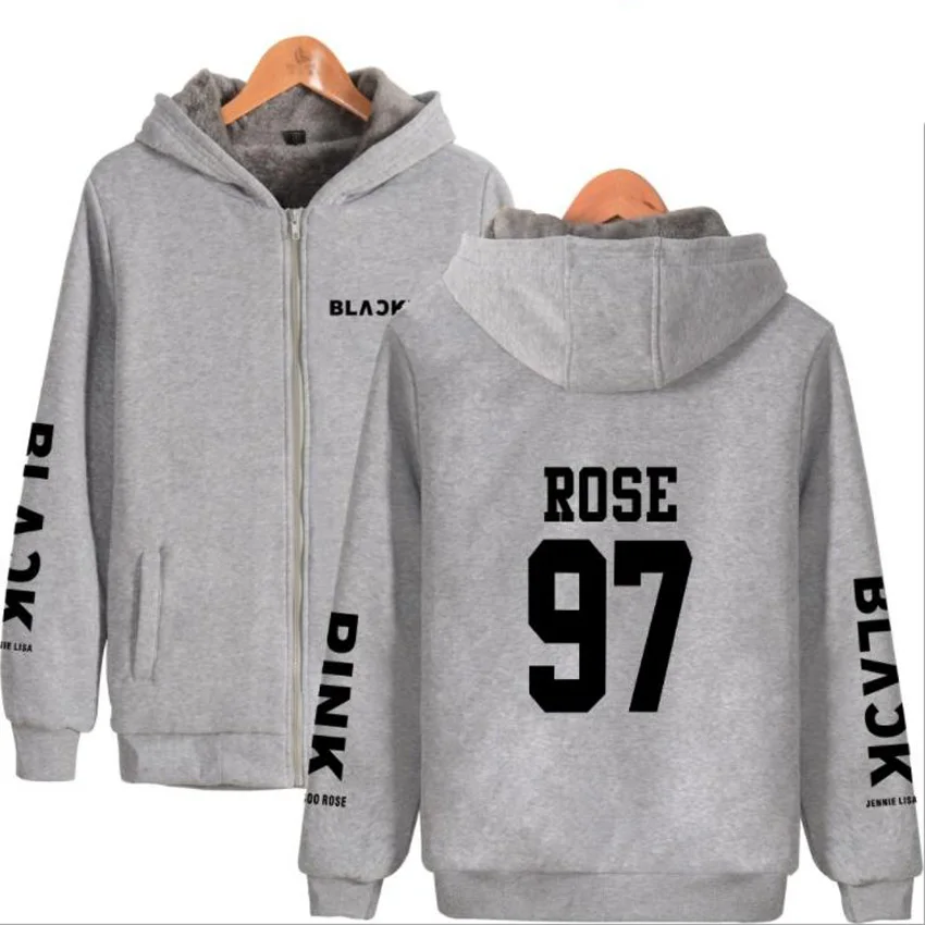 Зимние черные розовые KPOP женские куртки и пальто, корейская мода, черный розовый альбом, теплый толстый свитшот на молнии, толстовки, K-POP, одежда - Цвет: gray ROSE 97