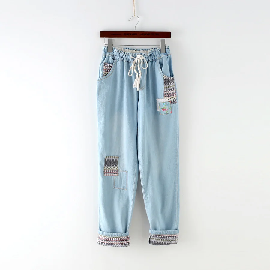 Красочные стежки национальные Женские винтажные повседневные джинсовые брюки джинсы